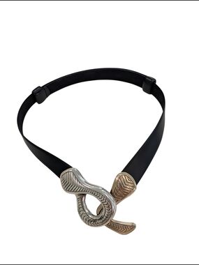 Chico’s Black Faux Leather Belt Silver Gold Hook Buckle Statement Belt Women ML